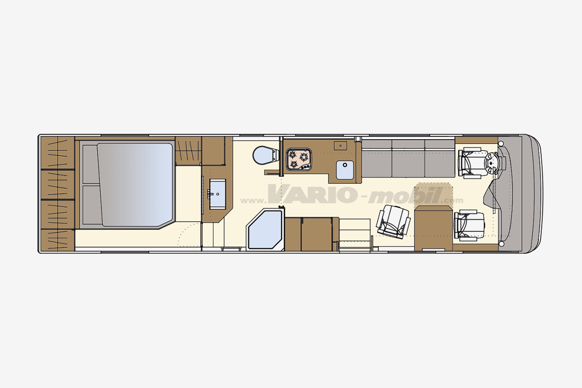 Reisemobil-Grundriss VARIO Perfect 1050-A | mit PKW-Garage, Queensbett