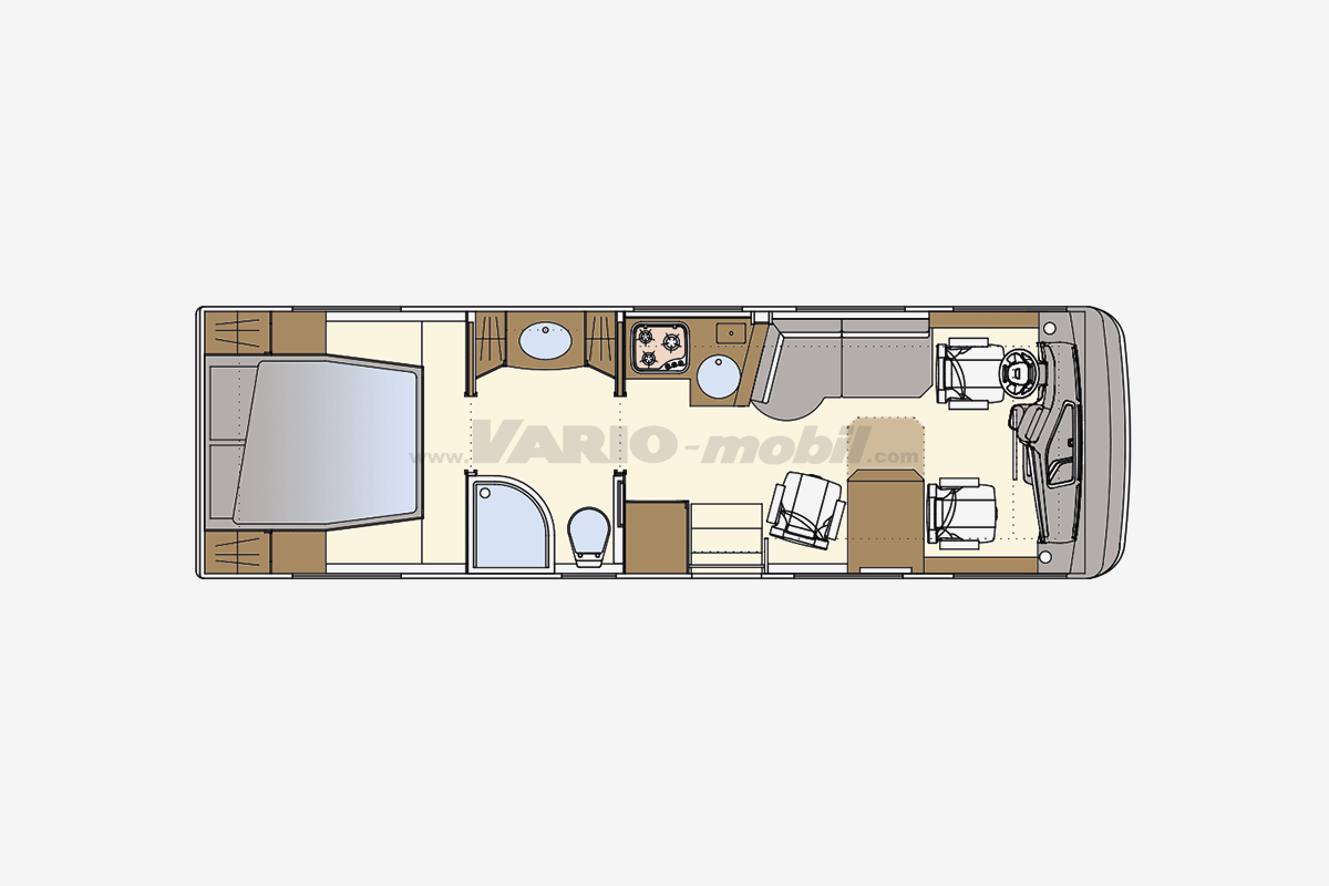 Reisemobil-Grundriss VARIO Perfect 850 C | mit Raumbad und Kingsize-Bett | dreisitig begehbar