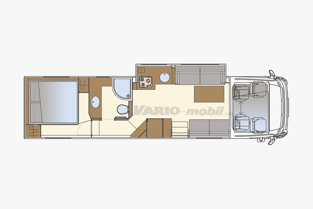 Reisemobil-Grundriss VARIO-Signature 1050 | Slide Out | mit XL PKW-Garage, Kingsize-Bett und Pull-Down-Bett | 4 Pilotensitze im Font