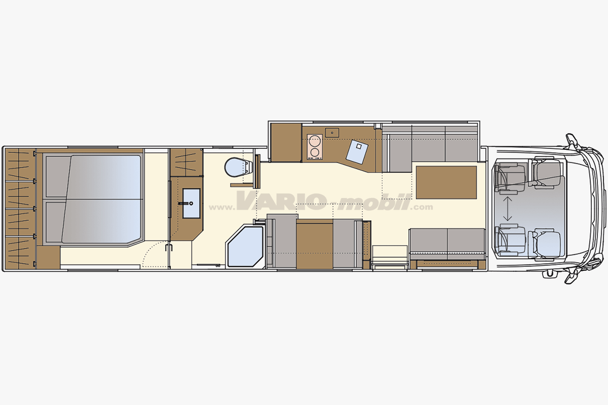 Reisemobil-Grundriss VARIO-Signature 1200 | Slide Out | mit XXL PKW-Garage, Kingsize-Bett und Pull-Down-Bett | Dinette | Raumbad | 4 Pilotensitze im Font